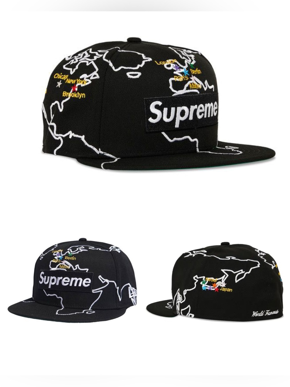 Supreme Black World Map 5-Panel Cap with White Embroidery